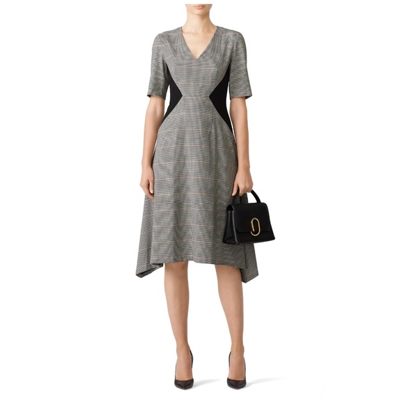 Donna Morgan Contrast Plaid Dress The Perfect Work Midi Dress Brown Size 0 2 4 6 - Picture 1 of 4